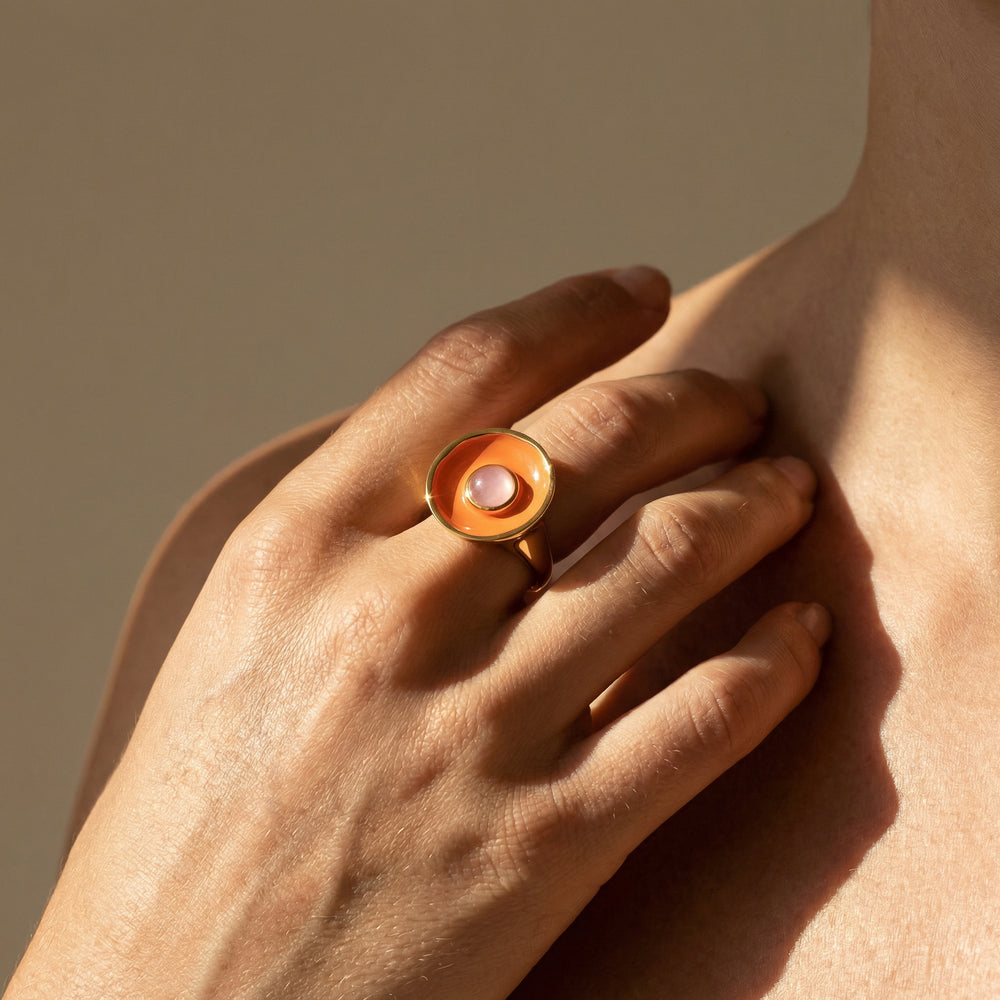 Ring Messing vergoldet Emaille Quartz pink