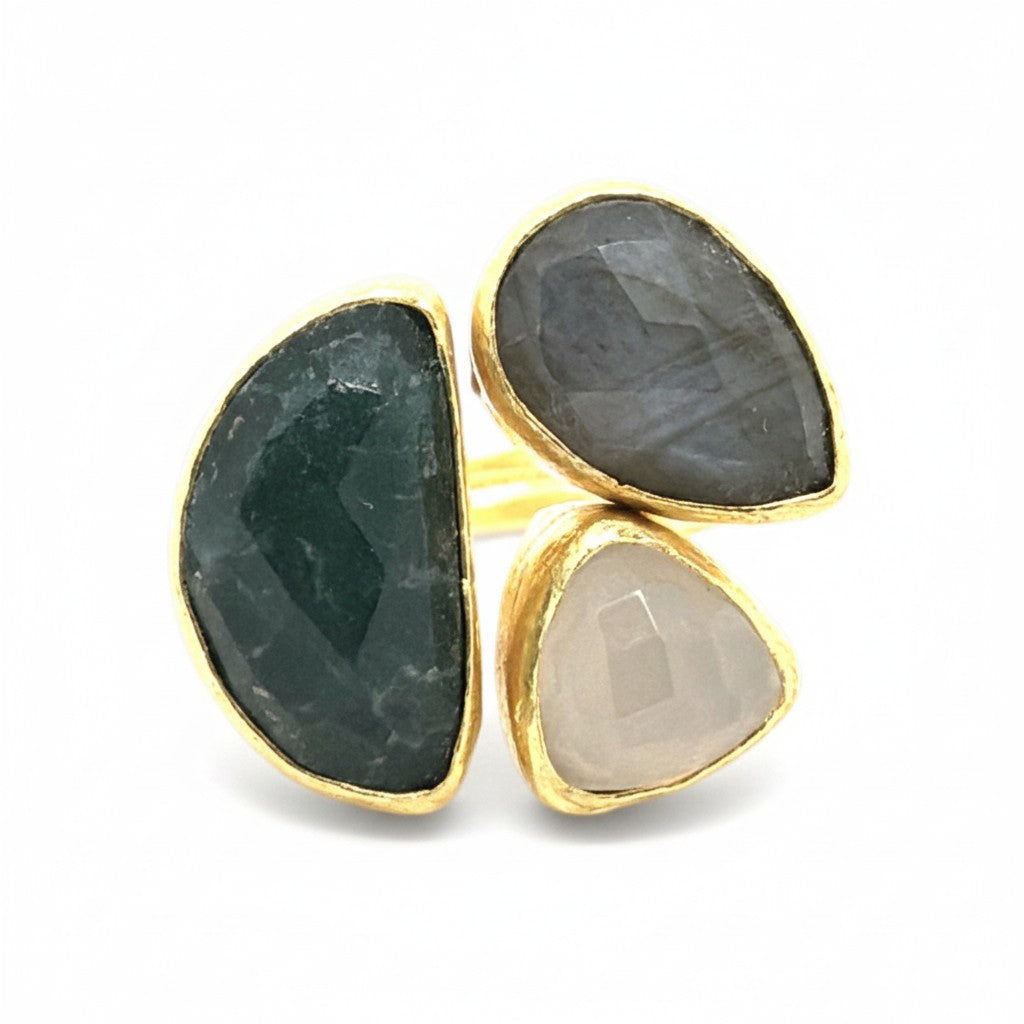Ring Messing vergoldet Jade grün Chalcedon weiß Labradorit