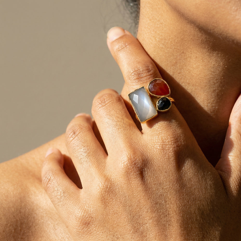 Ring Messing vergoldet Onyx orange/rauch/schwarz