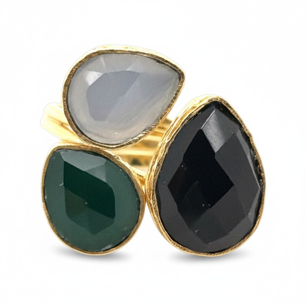 Ring Messing vergoldet Onyx schwarz/grün Labradorit