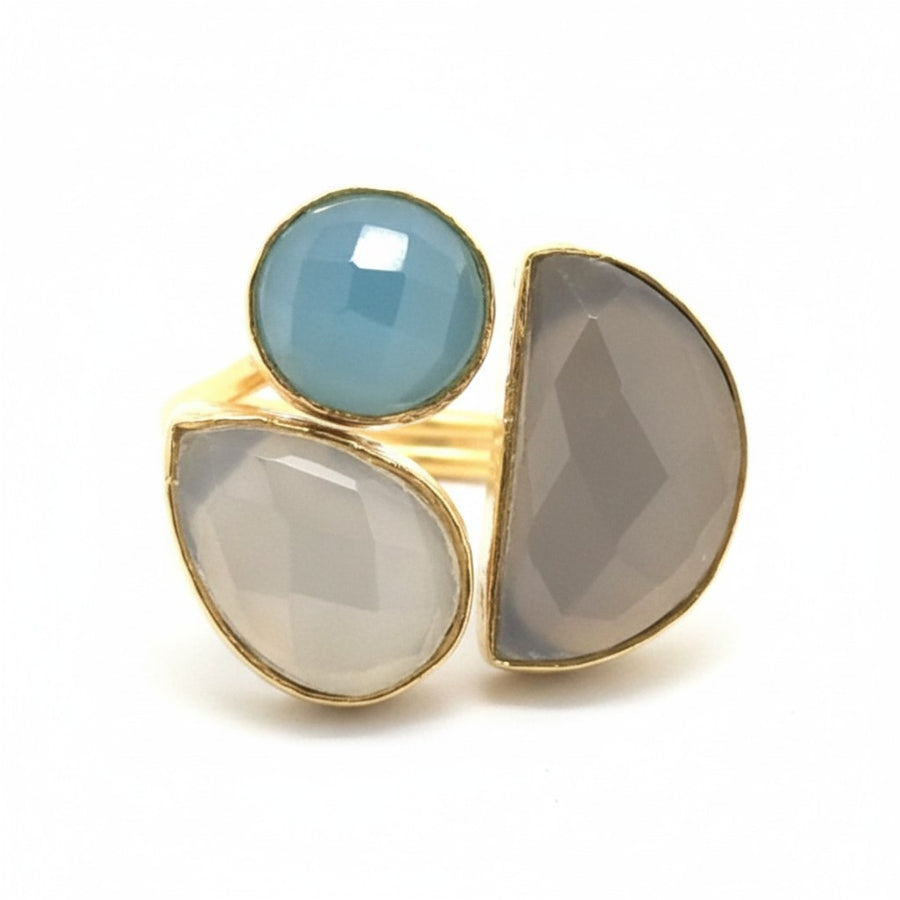 Ring Messing vergoldet Steine weiß/blau/grau