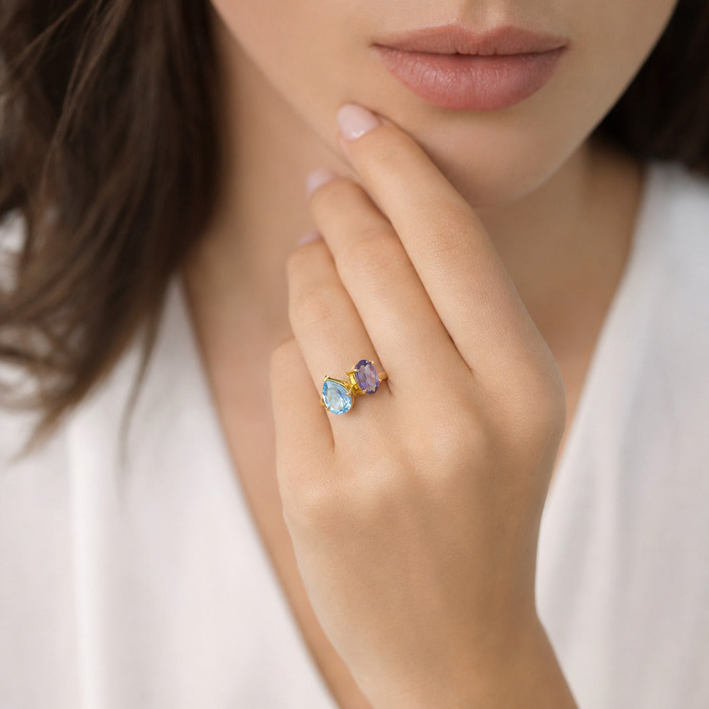 Cocktail Ring, blauer Topas und Amethyst
