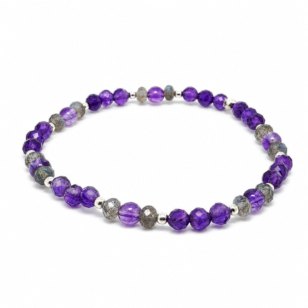 Amethyst und Labradorit Armband, Silber, elastisch