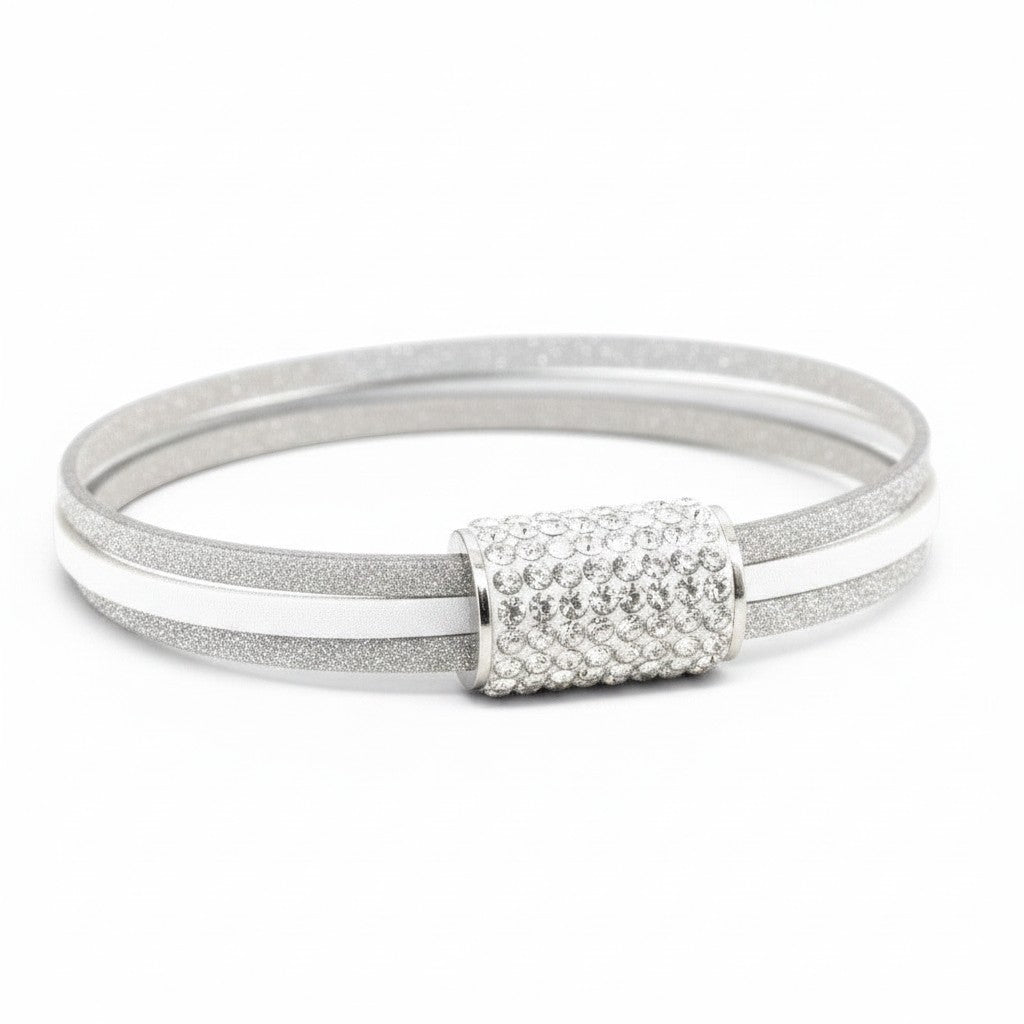 Peter Bijoux Modeschmuck silver faux leather bracelet with white stripe and crystal-encrusted magnetic clasp