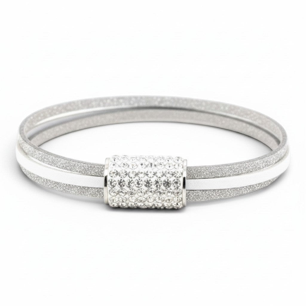Peter Bijoux Modeschmuck silver glitter faux leather bracelet with white stripe and crystal-encrusted magnetic clasp.