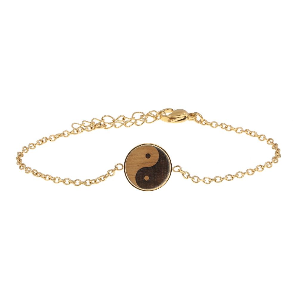 Bracciale Yin &amp; Yang Skyla Gold realizzato in acciaio inossidabile placcato oro e legno di noce