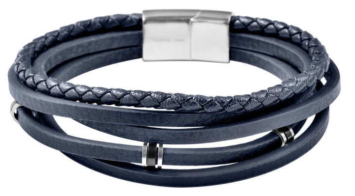 Armband aus Echtleder, Edelstahlelemente, Länge 21 cm, dunkelblau