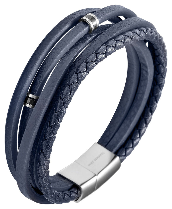 Armband aus Echtleder, Edelstahlelemente, Länge 21 cm, dunkelblau