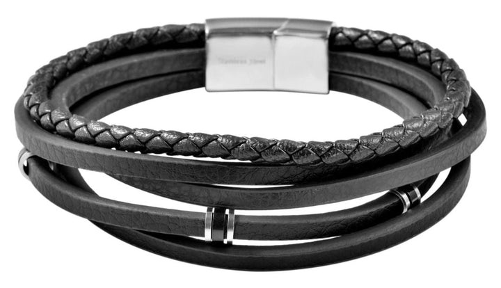 Armband aus Echtleder, Edelstahlelemente, Länge 21 cm, schwarz