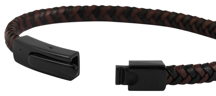 Armband aus Lederimitat, hellbraun/dunkelbraun, geflochten mit schwarzer Edelsta