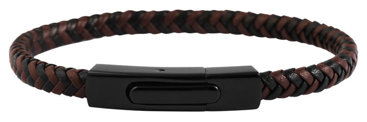 Armband aus Lederimitat, hellbraun/dunkelbraun, geflochten mit schwarzer Edelsta
