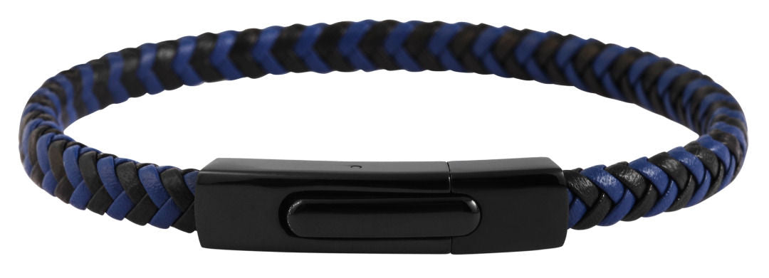 Armband aus Lederimitat, schwarz/blau, geflochten mit schwarzem Edelstahlclipver