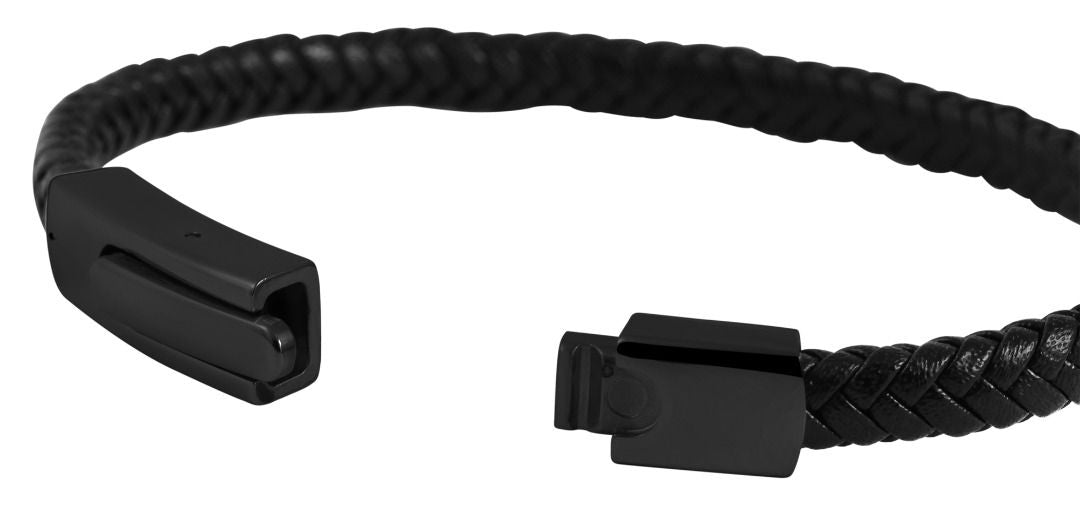 Armband aus Lederimitat, schwarz, geflochten mit schwarzem Edelstahlclipverschlu