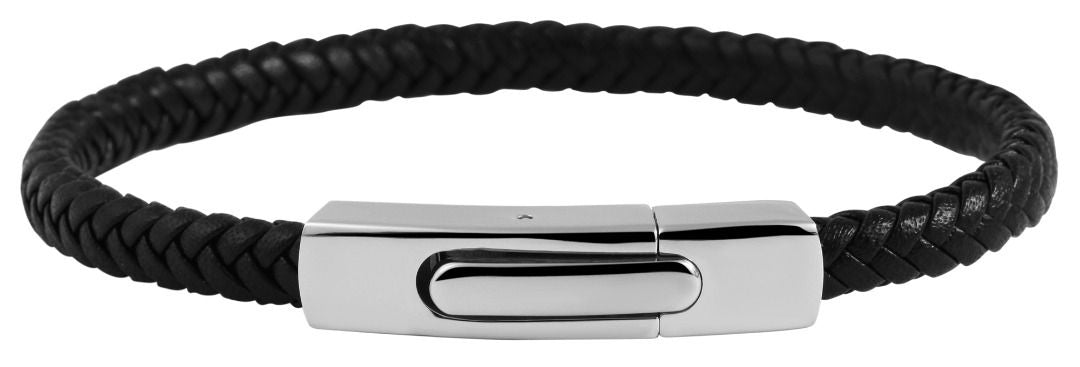 Armband aus Lederimitat, schwarz, geflochten mit silberfarbenem Edelstahlclipver