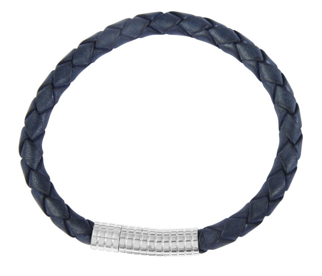 Echtlederarmband, blau, geflochten mit Edelstahlclipverschluss