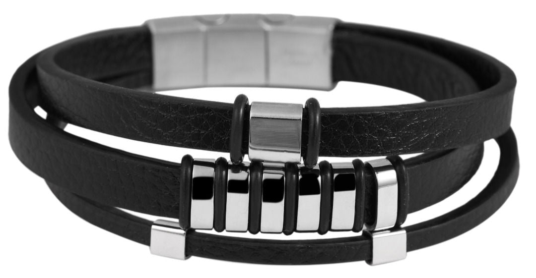 Echtlederarmband mit Edelstahlelementen, schwarz/silberfarben