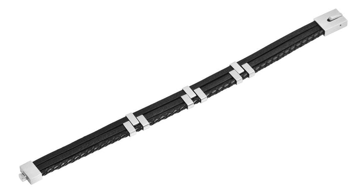 Echtlederarmband mit Edelstahlhebelschliee, schwarz und silberfarben, Länge 21