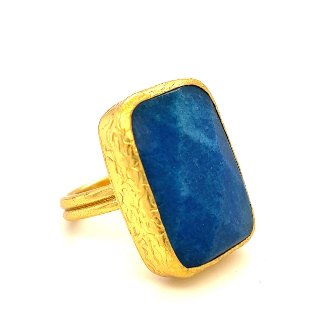 Ring Messing vergoldet blauer Chalcedon