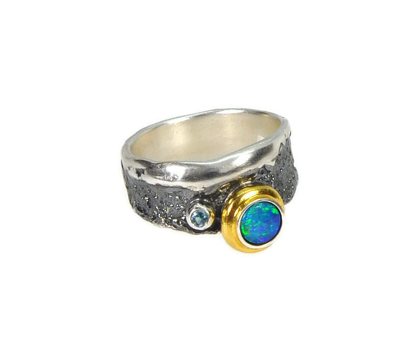 Ring Silber geschwärzt mit Opal Doublette, Gr. 58